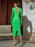 Cold-Shoulder Mesh Sleeve Slit Back Bodycon Dress - OmniGlitz 
