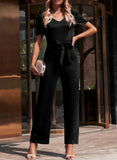 Belted Puff Sleeve V-Neck Jumpsuit - OmniGlitz 