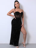 Sequin Spliced Mesh Adjustable Strap Dress - OmniGlitz 