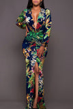 Printed Plunge Neck Leg Split Maxi Dress - OmniGlitz 