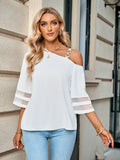 Asymmetrical Neck Sheer Striped Flare Sleeve Blouse - OmniGlitz 