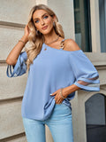 Asymmetrical Neck Sheer Striped Flare Sleeve Blouse - OmniGlitz 