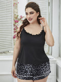 Plus Size Lace Trim Scoop Neck Cami and Printed Shorts Pajama Set - OmniGlitz 