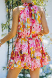 Floral Polka Dot Belted Sleeveless Mini Dress - OmniGlitz 