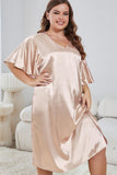 Plus Size Flutter Sleeve V-Neck Side Slit Night Gown - OmniGlitz 