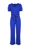Belted Puff Sleeve V-Neck Jumpsuit - OmniGlitz 