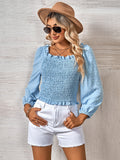 Swiss Dot Smocked Frill Trim Blouse - OmniGlitz 