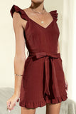 Tie Belt V-Neck Ruffled Romper - OmniGlitz 