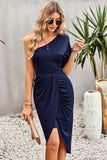 Ruched One-Shoulder Tulip Hem Dress - OmniGlitz 