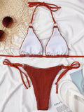 Textured Halter Neck Tie Side Bikini Set - OmniGlitz 