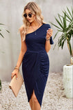 Ruched One-Shoulder Tulip Hem Dress - OmniGlitz 
