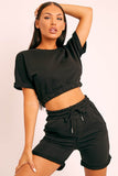 Short Sleeve Cropped Top and Drawstring Shorts Lounge Set - OmniGlitz 
