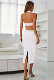 Rhinestone Halter Neck Cutout Slit Midi Dress - OmniGlitz 