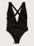 Halter Neck Deep V Tied One-Piece Swimsuit - OmniGlitz 