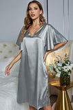 Satin Flutter Sleeve Side Slit V-Neck Night Dress - OmniGlitz 