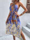 Printed Halter Neck Crisscross Tied Dress - OmniGlitz 