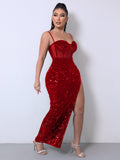 Sequin Spliced Mesh Adjustable Strap Dress - OmniGlitz 