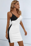Two-Tone Feather Trim Spaghetti Strap Dress - OmniGlitz 