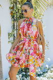 Floral Polka Dot Belted Sleeveless Mini Dress - OmniGlitz 