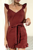 Tie Belt V-Neck Ruffled Romper - OmniGlitz 