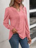 Ruched Notched Neck Puff Sleeve Smocked Wrist Blouse - OmniGlitz 