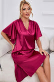 Satin Flutter Sleeve Side Slit V-Neck Night Dress - OmniGlitz 