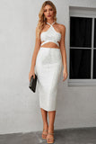 Rhinestone Cutout Halter Neck Slit Dress - OmniGlitz 
