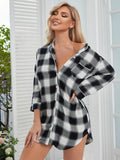 Plaid Lapel Collar Shirt Dress - OmniGlitz 