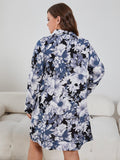 Plus Size Floral Lapel Collar Long Sleeve Night Dress - OmniGlitz 