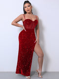 Sequin Spliced Mesh Adjustable Strap Dress - OmniGlitz 