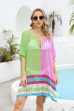 Contrast Scoop Neck Openwork Half Sleeve Cover Up - OmniGlitz 