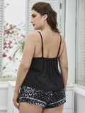 Plus Size Lace Trim Scoop Neck Cami and Printed Shorts Pajama Set - OmniGlitz 