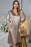 Satin Flutter Sleeve Side Slit V-Neck Night Dress - OmniGlitz 