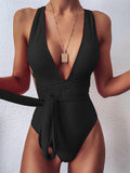 Halter Neck Deep V Tied One-Piece Swimsuit - OmniGlitz 