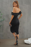 Off-Shoulder Zip-Back Slit Dress - OmniGlitz 
