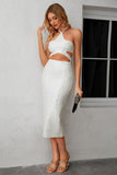 Rhinestone Cutout Halter Neck Slit Dress - OmniGlitz 