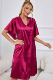 Satin Flutter Sleeve Side Slit V-Neck Night Dress - OmniGlitz 