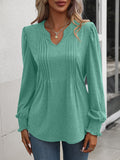 Ruched Notched Neck Puff Sleeve Smocked Wrist Blouse - OmniGlitz 