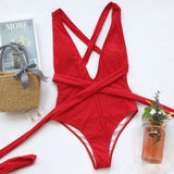 Halter Neck Deep V Tied One-Piece Swimsuit - OmniGlitz 