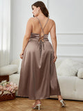 Plus Size Lace-Up Spaghetti Strap Split Night Dress - OmniGlitz 