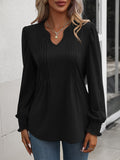Ruched Notched Neck Puff Sleeve Smocked Wrist Blouse - OmniGlitz 
