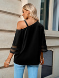 Asymmetrical Neck Sheer Striped Flare Sleeve Blouse - OmniGlitz 