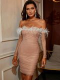 Glitter Feather Trim Off-Shoulder Ruched Mini Dress - OmniGlitz 