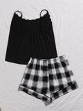 Plus Size Lace Trim Scoop Neck Cami and Printed Shorts Pajama Set - OmniGlitz 