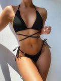 Textured Halter Neck Tie Side Bikini Set - OmniGlitz 