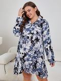 Plus Size Floral Lapel Collar Long Sleeve Night Dress - OmniGlitz 