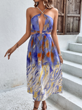 Printed Halter Neck Crisscross Tied Dress - OmniGlitz 
