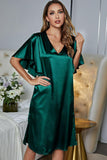 Satin Flutter Sleeve Side Slit V-Neck Night Dress - OmniGlitz 