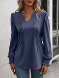 Ruched Notched Neck Puff Sleeve Smocked Wrist Blouse - OmniGlitz 