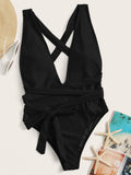 Halter Neck Deep V Tied One-Piece Swimsuit - OmniGlitz 
